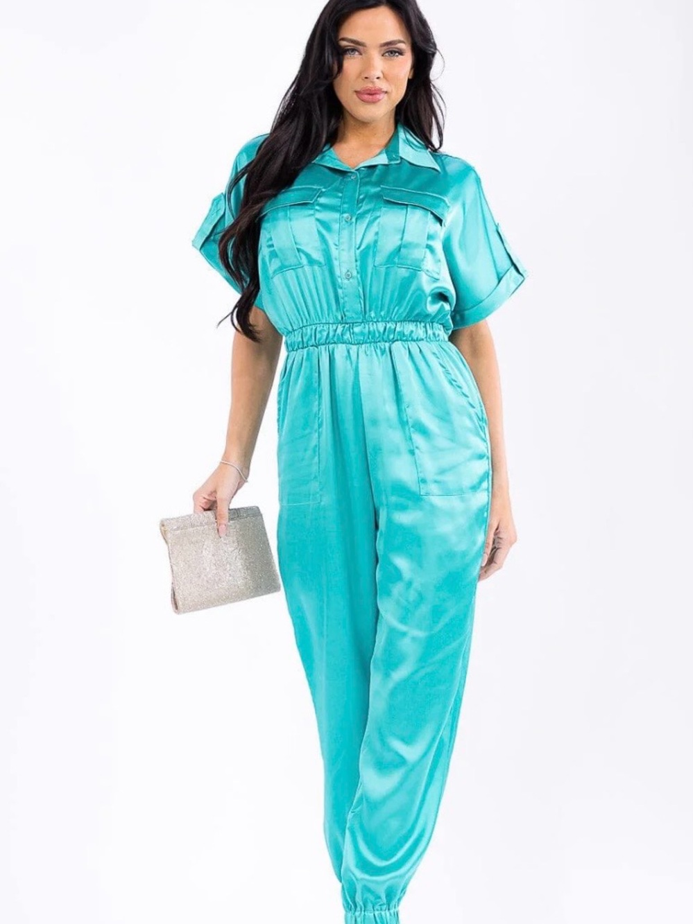 Satin Short-Sleeve Turquoise Jumpsuit